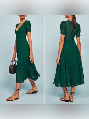 Reformation - Emerald Green, V-neck, Tiered Midi Dress